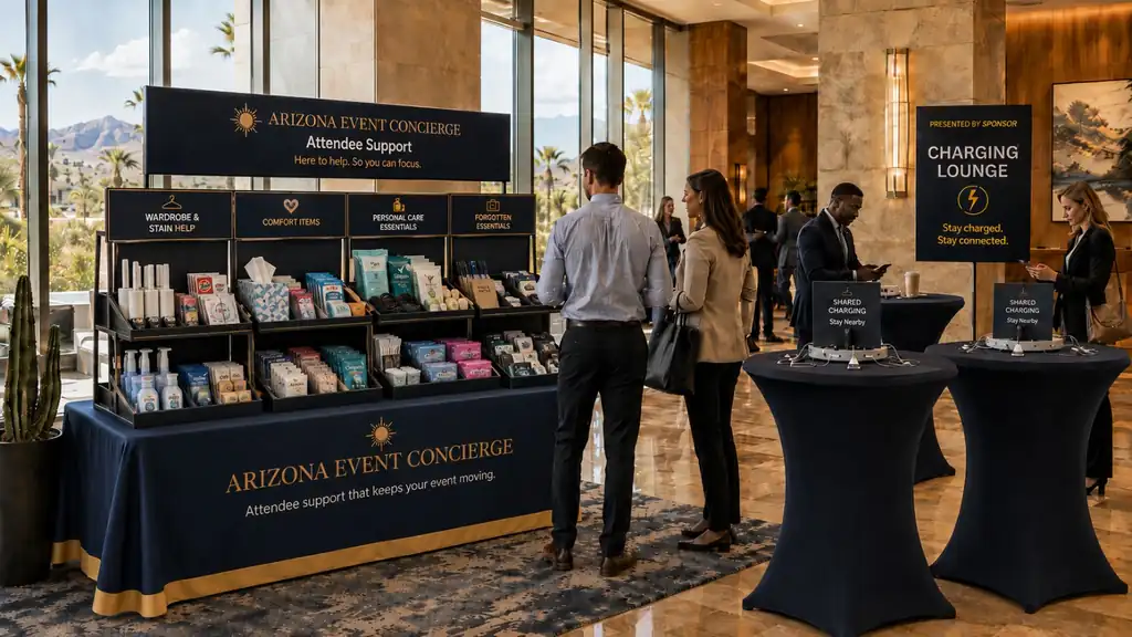 Concept rendering of a conference-scale Arizona Event Concierge attendee-support station with an adjacent sponsor-ready shared charging lounge