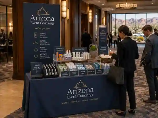 Concept rendering of an Arizona Event Concierge self-service attendee support station in a hotel conference venue